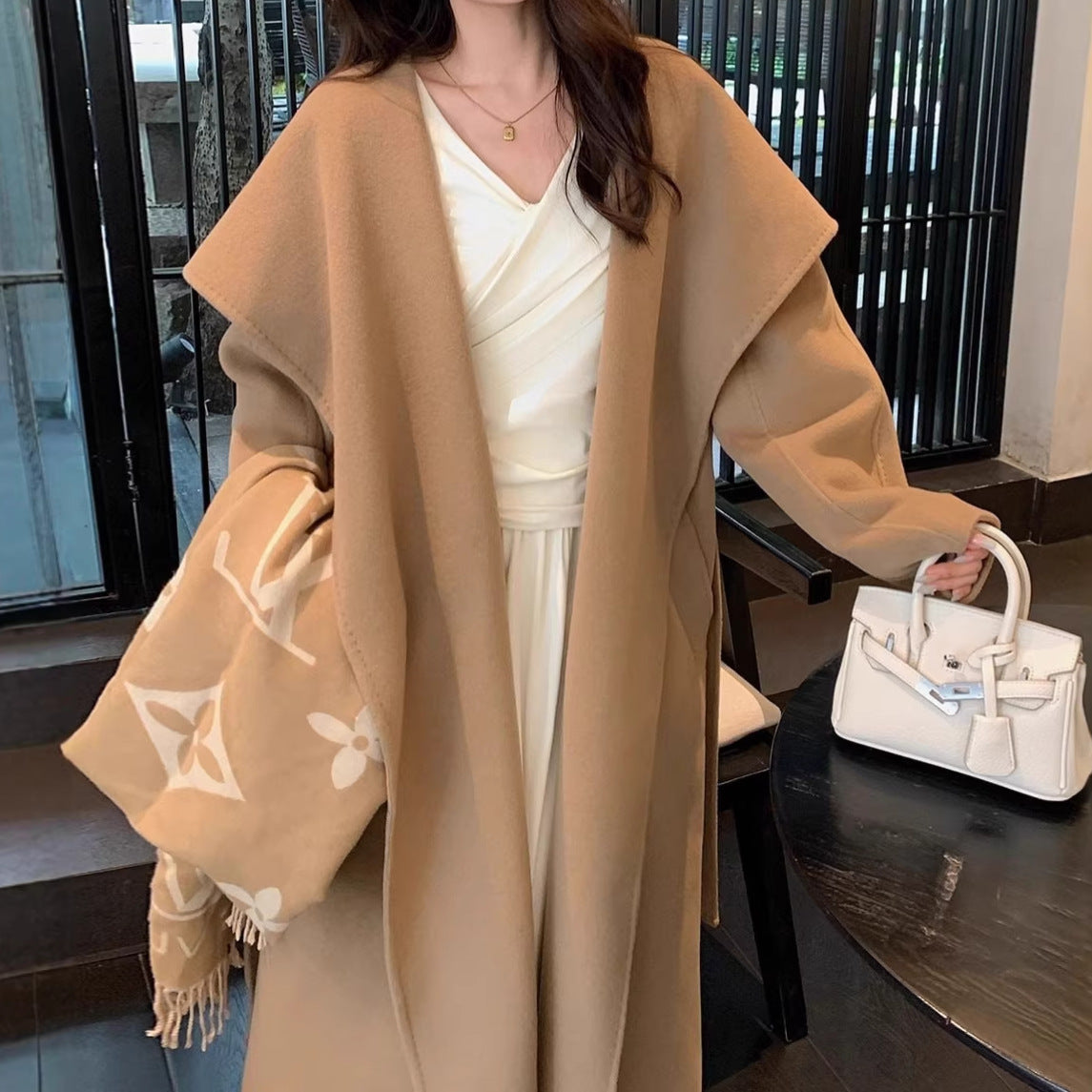 Camel-colored oversized lapel double-faced wool coat for women