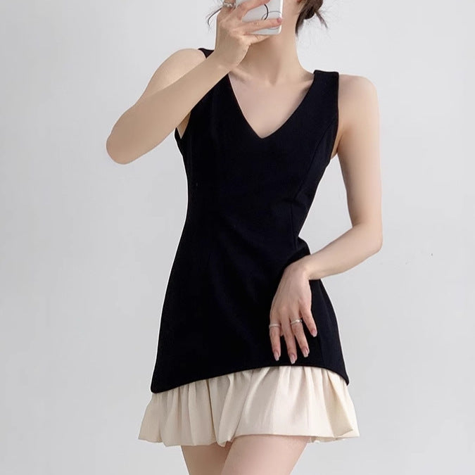 Black and white patchwork design niche sleeveless collar vest dress