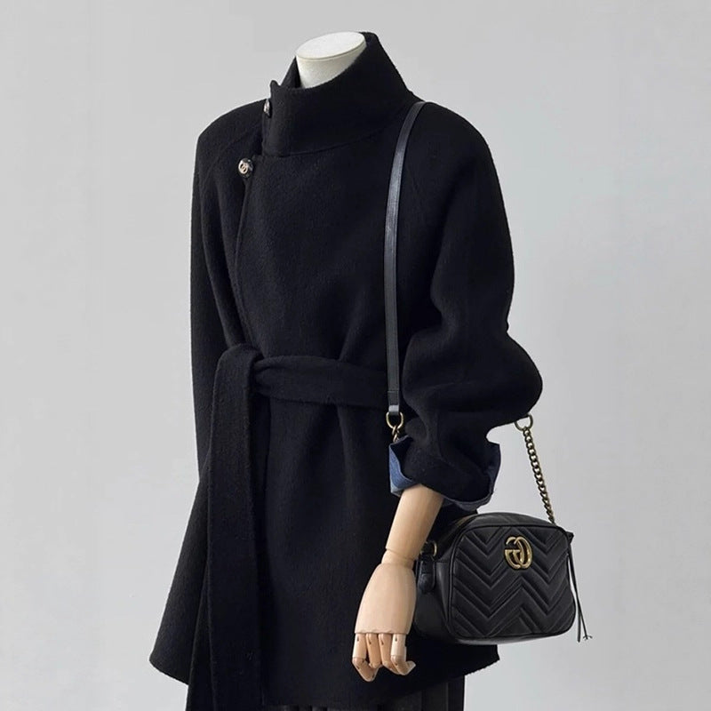 Black short double-faced woolen coat