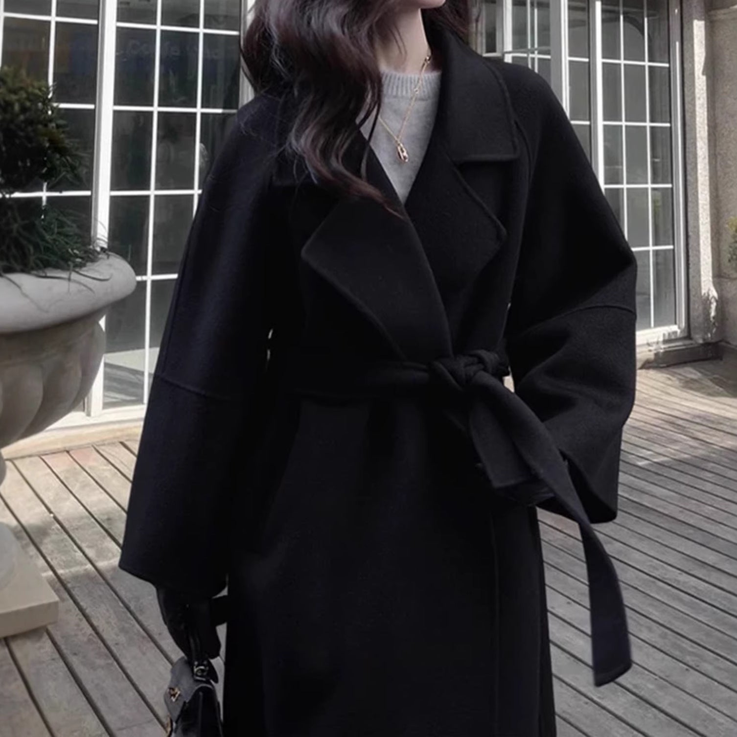 Black double-sided cashmere coat for women, mid-length