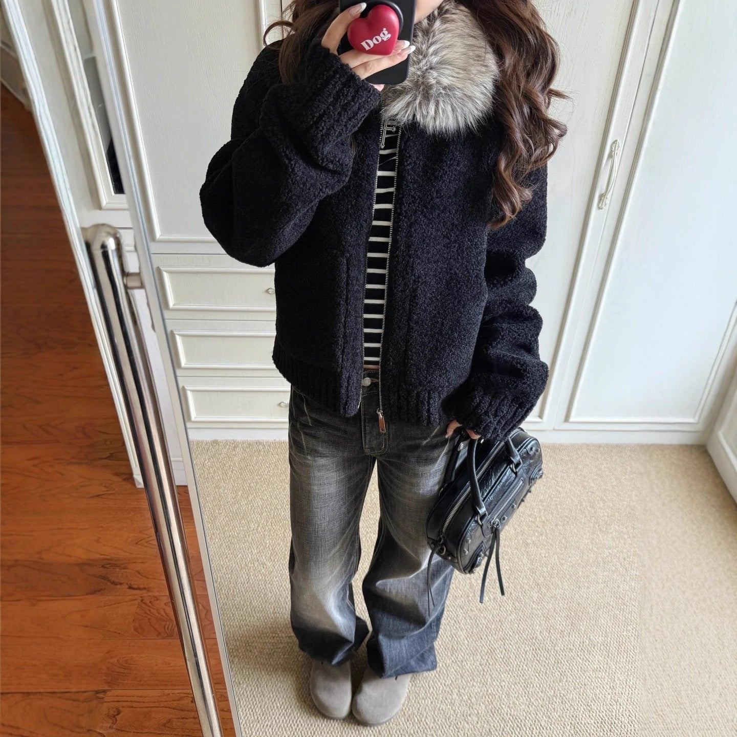 Black fuzzy coat with large fur collar and shearling jacket