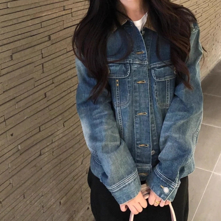 American vintage street-style distressed washed denim jacket