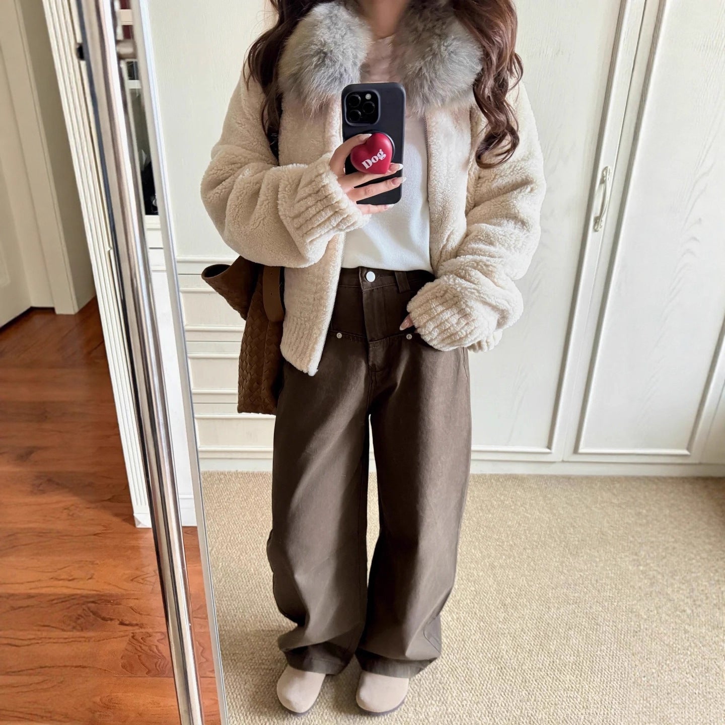 Casual loose coat with fur collar stitching